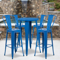 Flash Furniture CH-51080BH-4-30CAFE-BL-GG 24" Round Metal Bar Table Set with 4 Cafe Barstools in Blue